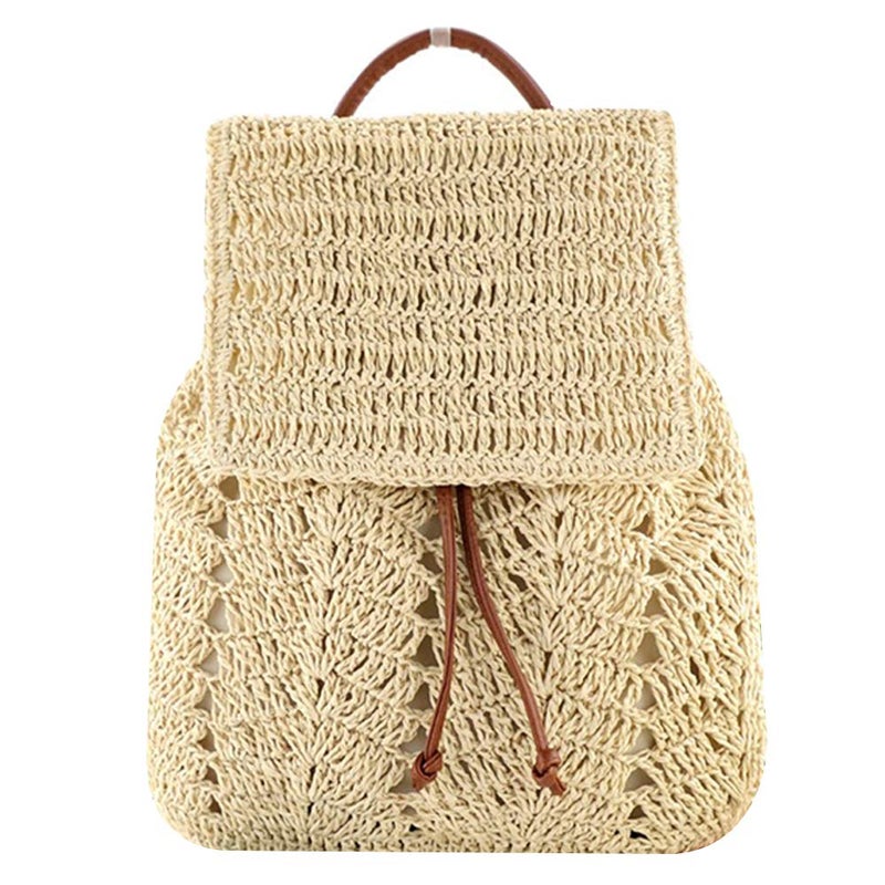 Monique Women Medium Straw Handmade Woven Backpack Flap Drawstring Shoulders Bag Beach Daypack - Image 1